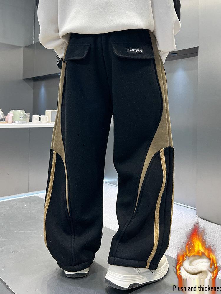 Boys' Thick Fleece-Lined Velvet Sweatpants – Warm Autumn/Winter Pants with Spliced Line Design