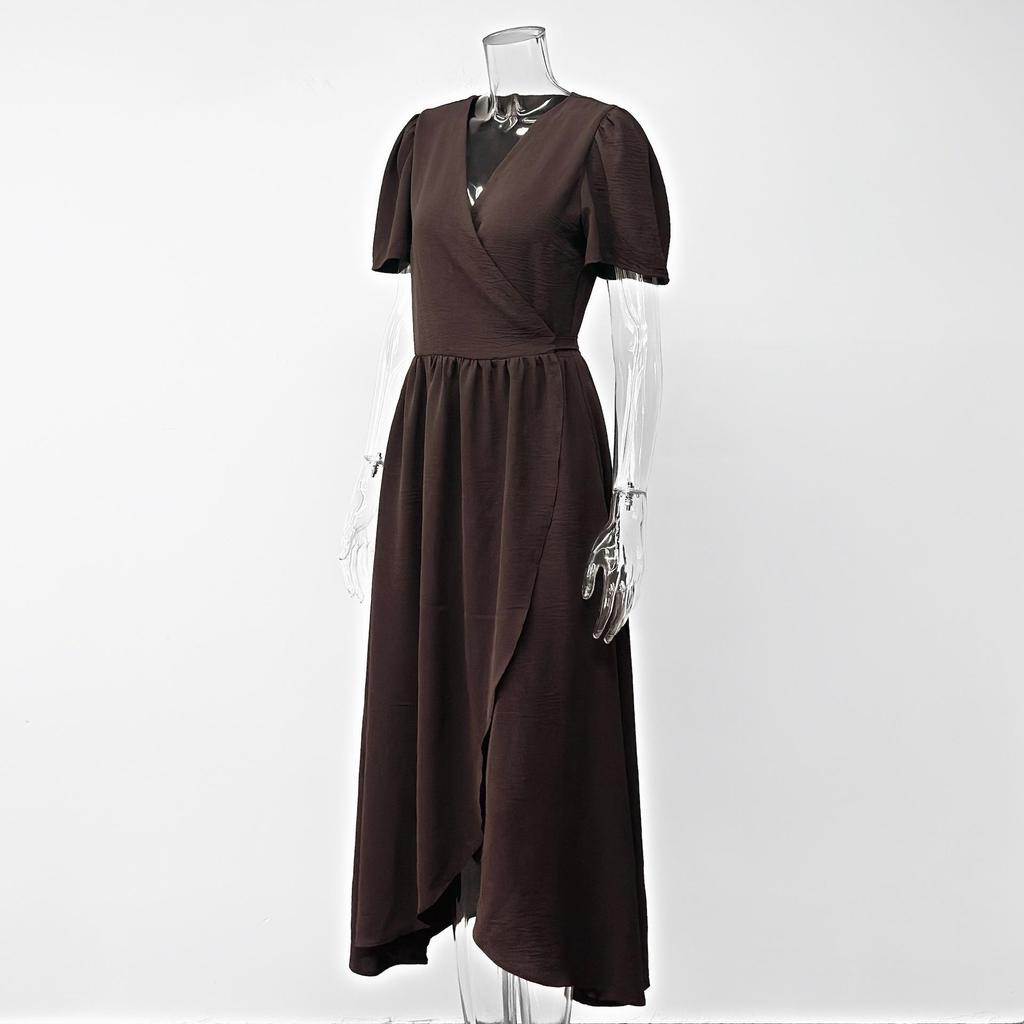 Elegant V-Neck Summer Evening Dress with Cinched Waist and Slit, Short Sleeve