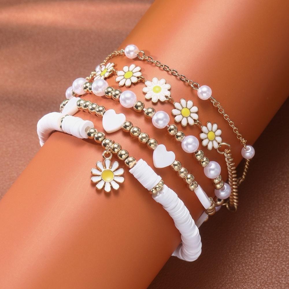 Zircon Jewelry Set Lightweight Pearl Heart Bracelet Gold Color Jewelry  Daisy Flower Bracelet For Gifts For Women Parties