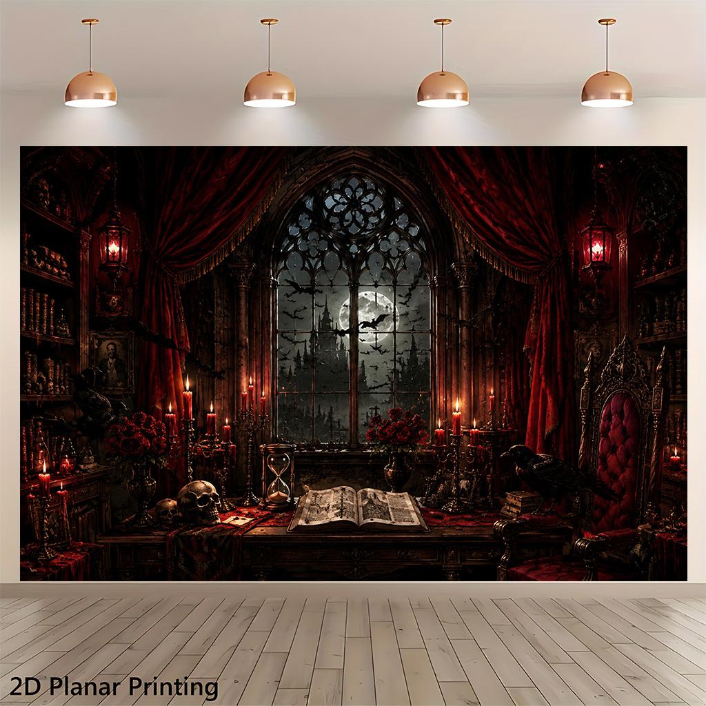 1 piece of 2D flat banner, Gothic Study Full Moon Night, indoor and outdoor courtyard decoration background fabric.zyc