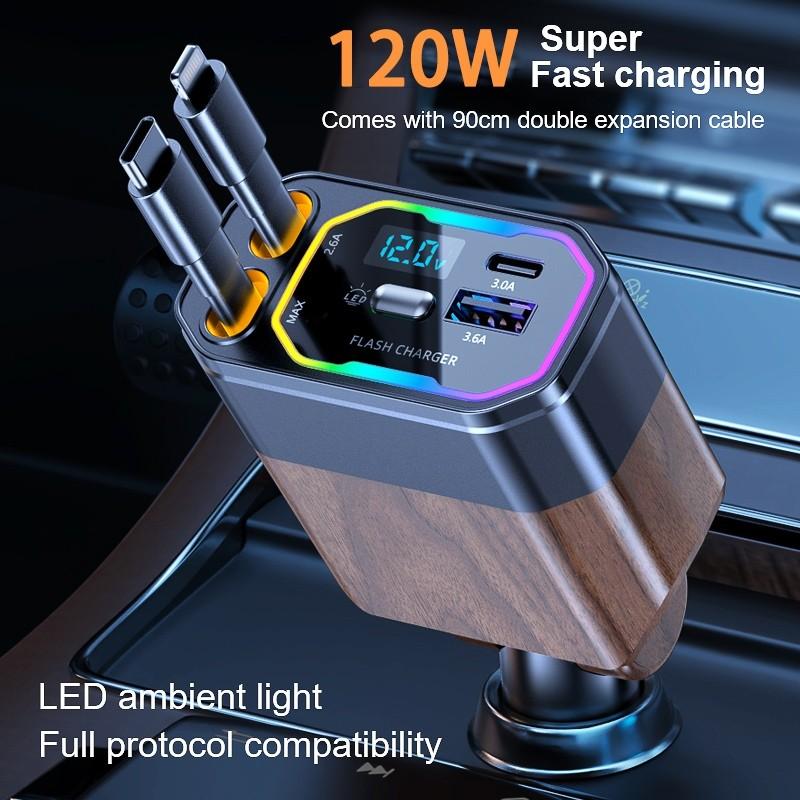 120W 4 In 1 Multi Functional Scalable Cable Car Charger Portable Car Fast Charging Mobile Phone Adapter