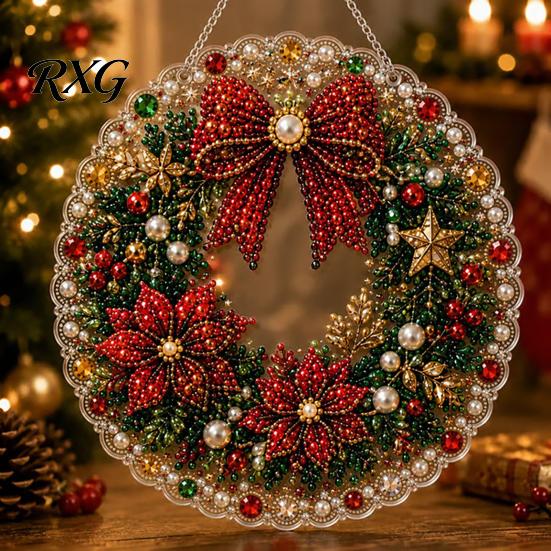 Decorative Ornaments for Garden Christmas DIY Faux Diamond Painting Hanging, Santa Wreath Acrylic Pendant, Pearl Crystal Texture Beads Craft Kit Wall
