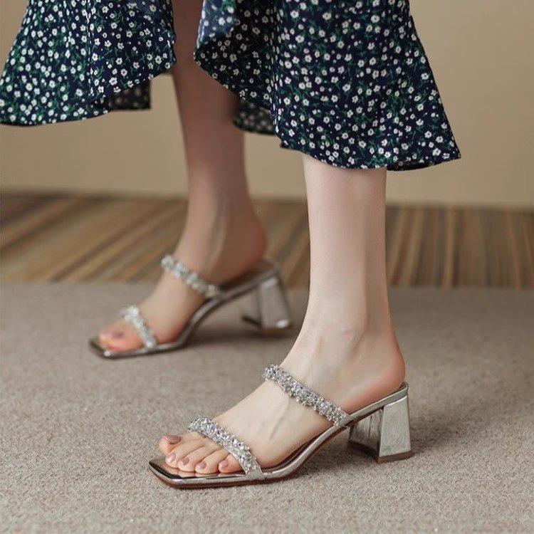 Sandals women's summer square head high heels thick heel rhinestone word with sandals open toe temperament celebrity style slippers