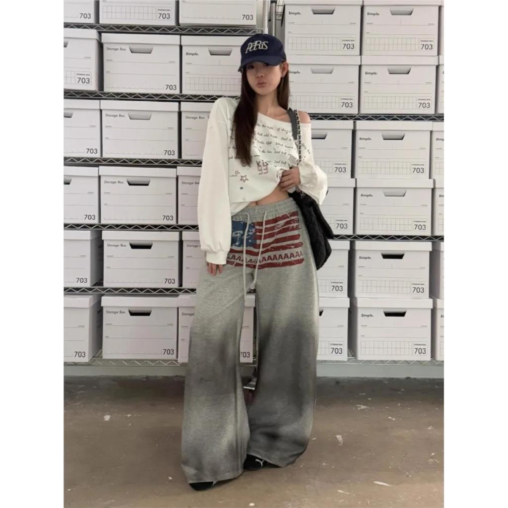 VIONA Y2K College American Hip-hop Goth Print Drawstring Wide Leg Sweatpants Loose 90s High Street Sports Trousers Floor Length Pants