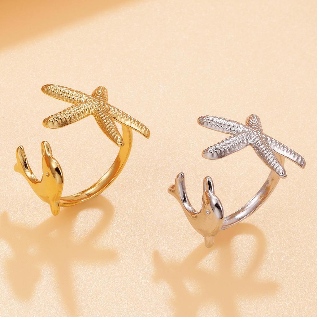 Stainless Steel Marine Animal Ring for Women - Starfish & Dolphin Design, Adjustable Size