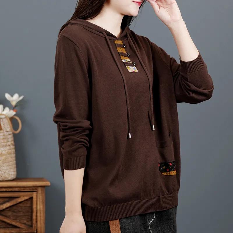 Retro Cotton Long-sleeved Sweater Women's Spring and Autumn Hooded Sweater Loose Sweater