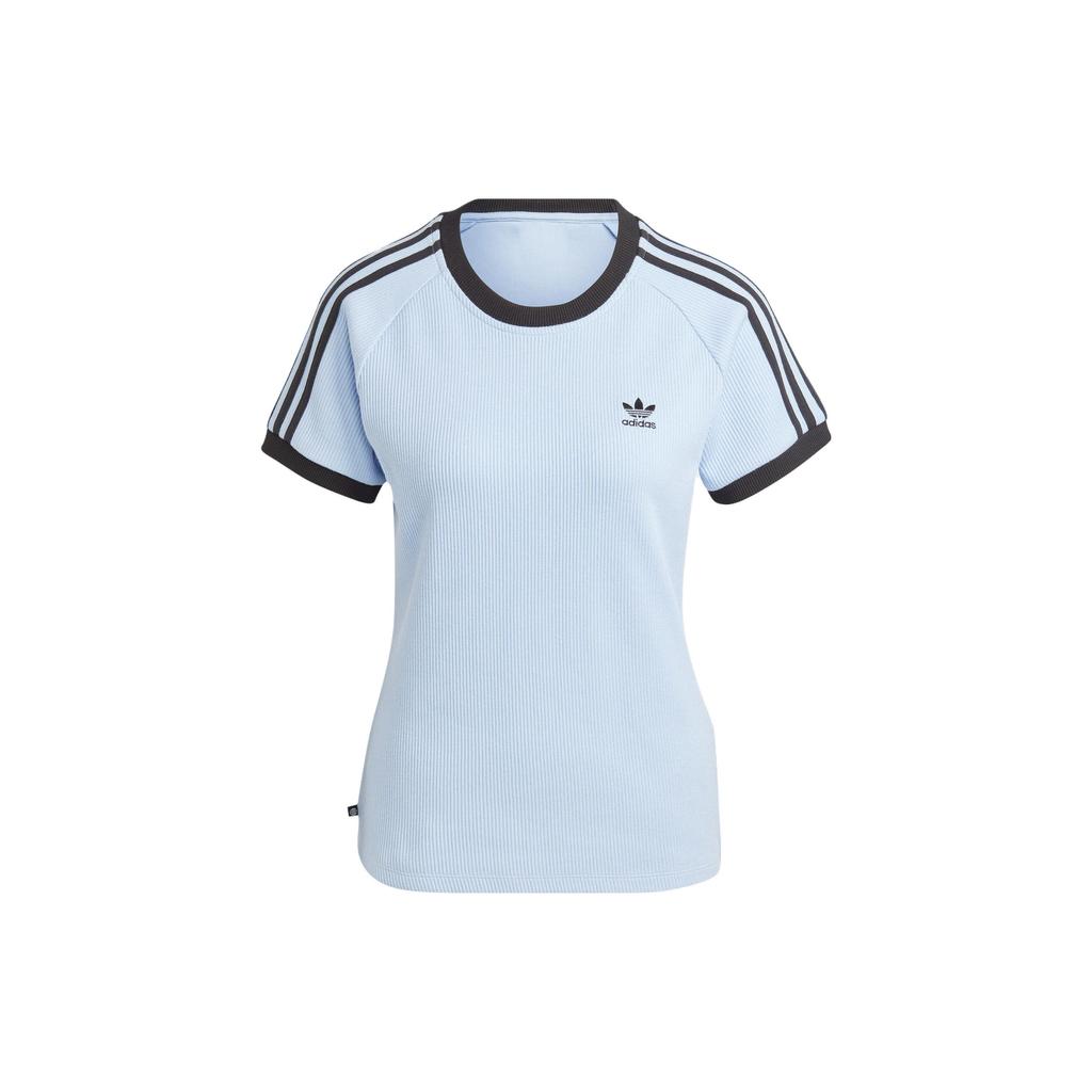 Adidas Originals 3-Streifen Slim T-Shirt Mit Sportstreifen Und Buchstaben Dopamin Rundhalsausschnitt Gerade Passform Pullover Kurzarm Damen Oberteile Blau IC5462