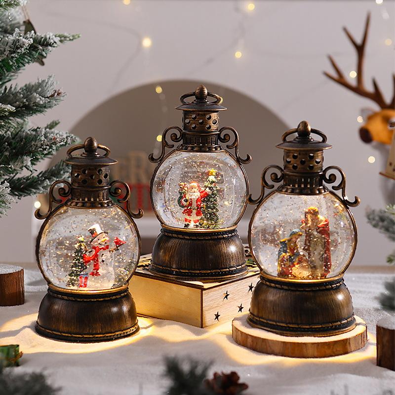 Christmas glowing music box with falling snowflakes, crystal ball, retro scene decoration, portable lantern, Santa Claus ornaments