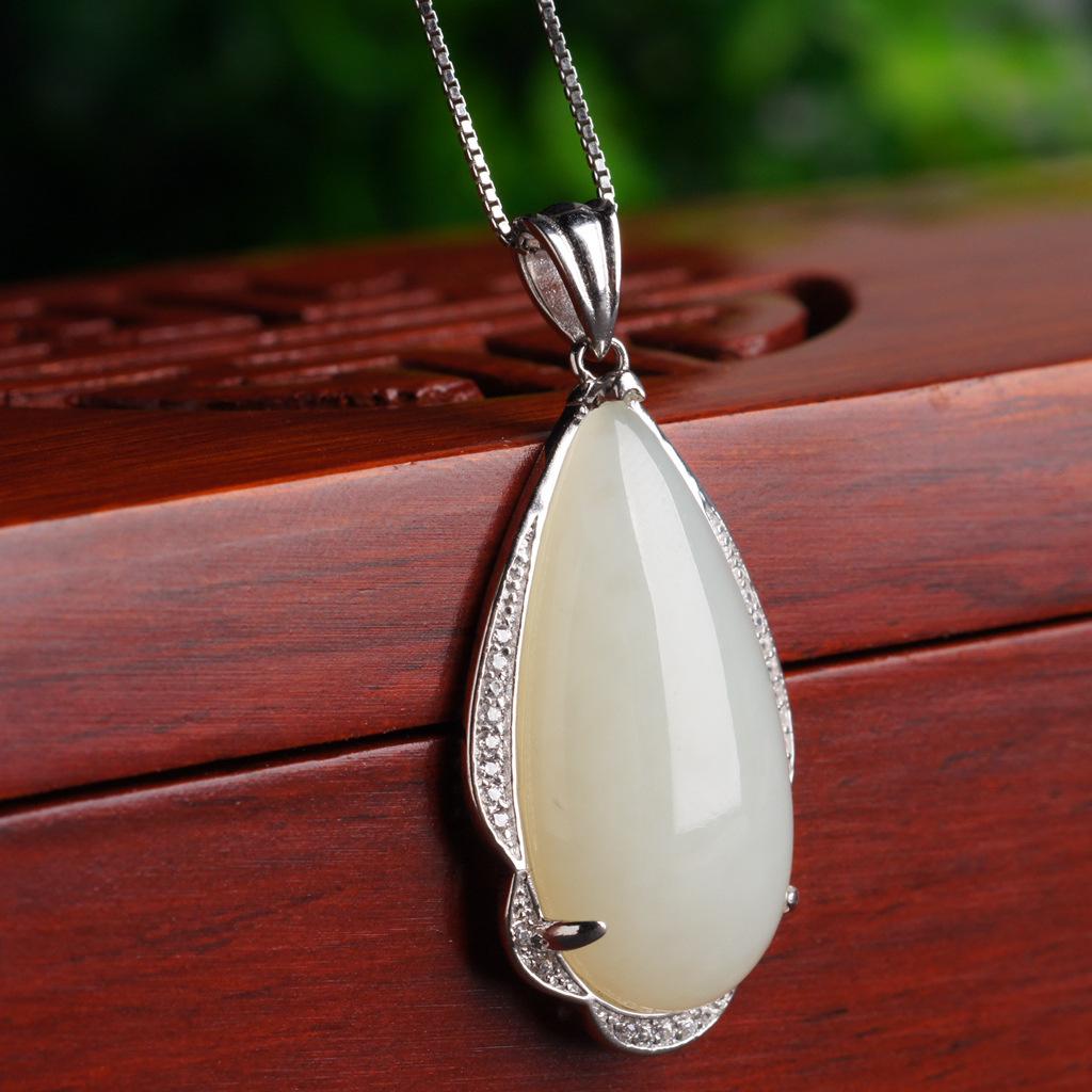 Sterling Silver Teardrop Hetian Jade Pendant Charm with Certificate - New Chinese Style, 925 Silver