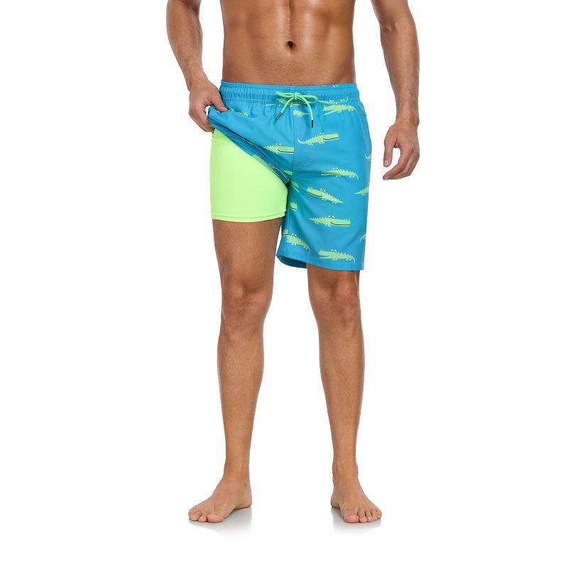 Men's Double-Layer Printed Beach Shorts Drawstring Swim Trunks