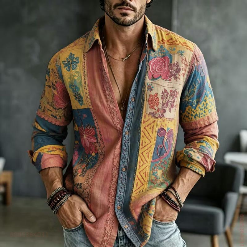Men's Long Sleeved Shirt with Floral Totem Full Print Top, Versatile for Daily Use, Fashionable and Comfortable Casual Shirt