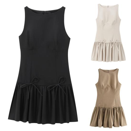 Women Summer Dress Sleeveless Bow Decor Pleated A-line Solid Color Mini Dress Back Zipper Closure O Neck Vest Dress for Dating Party