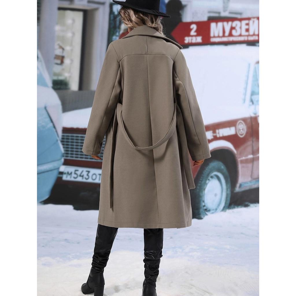 2025 Autumn Winter Women's Double-Breasted Wool Blend Trench Coat, Belted Waist Elegant Overcoat with Notched Lapel, Classic Office Chic Outerwear