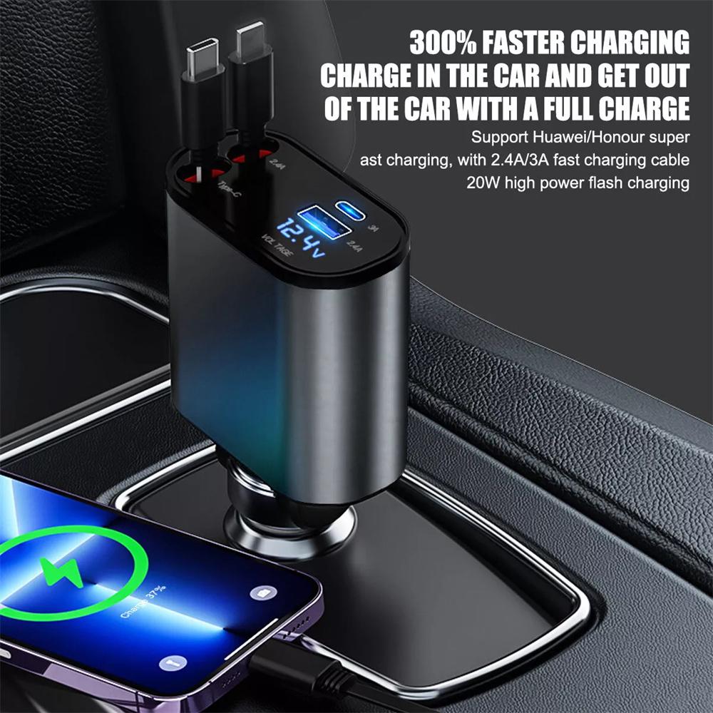 120W Retractable Car Charger 4 In 1 USB C Fast Charging Car Socket Charger Adapter