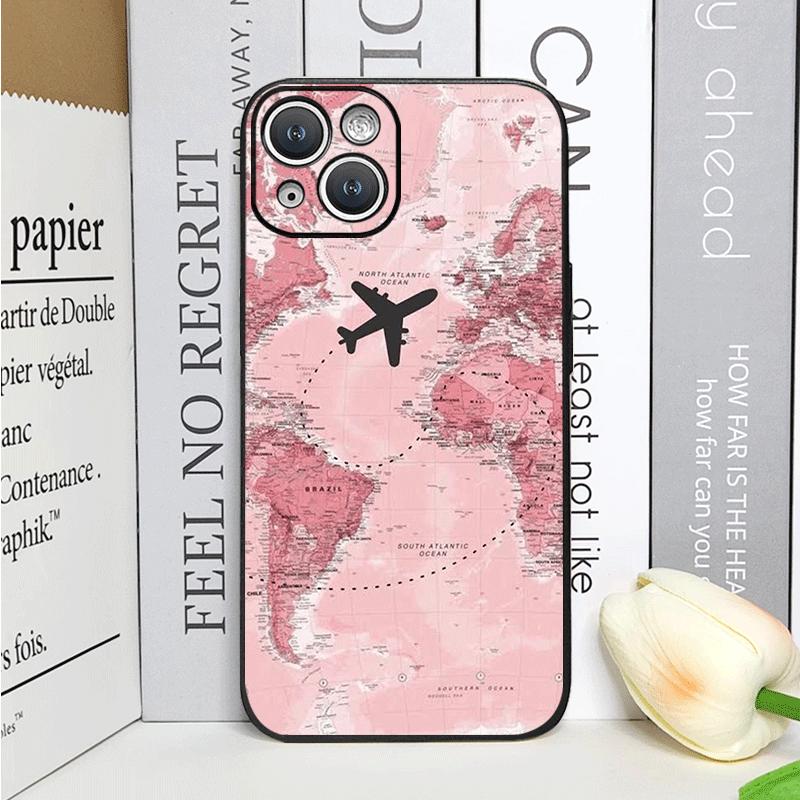 Pink World Map Travel Label Printed Phone Case for IPhone 16 15 14 11 Pro Max 13 12 Mini XR XS X 7 8 Plus SE20 Soft Cover Fundas