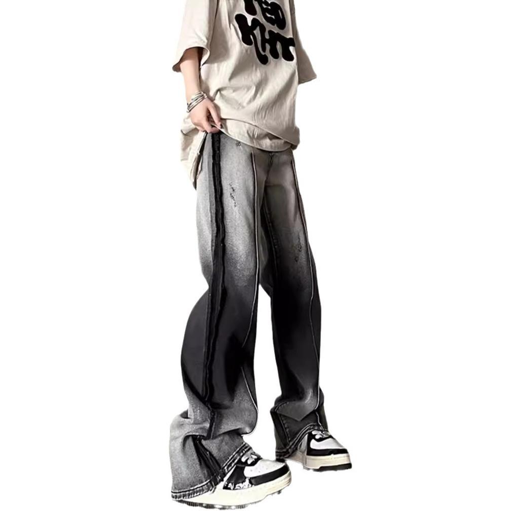 High street ro style dirty contrast color gradual change micro horn jeans men and women retro rough edge mopping wide leg pants