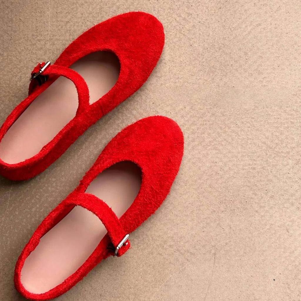 Sheepskin version retro matte word with red Mary Jane shoes women's single shoes flat bottom shallow mouth leather super soft evening shoes