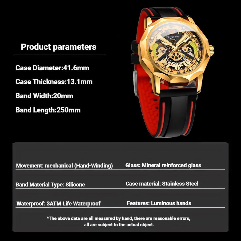 FORSINING Mens Watches Hand-winding Mechanical Skeleton Watch for Men Hollow Out Rubber Strap Waterproof Luminous Mens Wristwatch