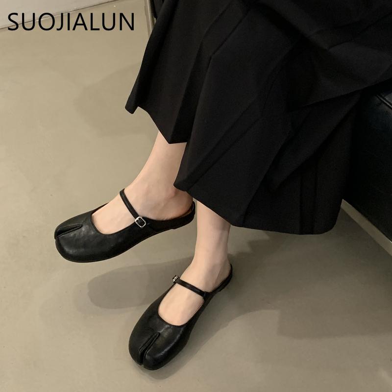 Fashion SUOJIALUN 2025 Summer New Women Slipper Fashion Split Toe Flat Heel Slip On Mules Shoes Soft Outdoor Casual Dress Sandal Slide