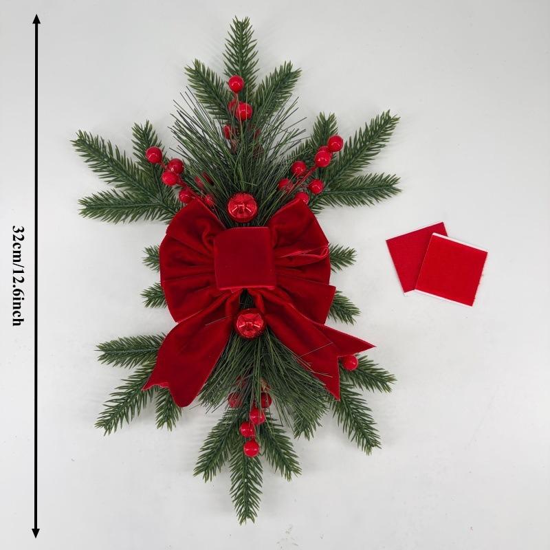 Red Bow Christmas Pine Branch Door Hanging Decoration, Artificial Pine Branch Wall Decor with Red Berries, Rustic Christmas Home