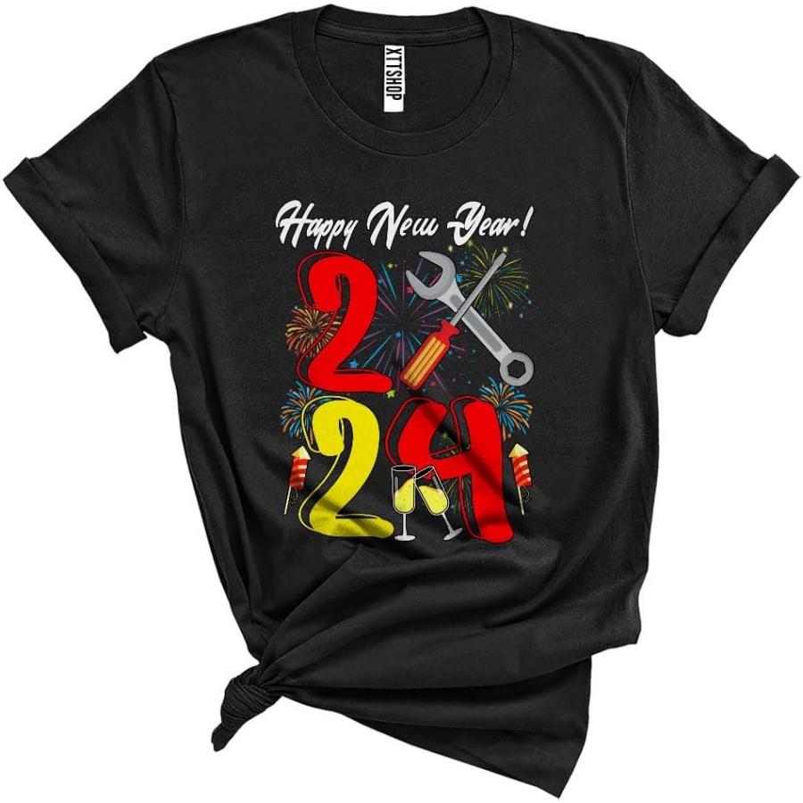 

CUTEBUNNYSTORE Happy New Year 2024, Colorful Mechanic Tools Fireworks, Matching Friends Family Group Unisex T-Shirt Black XXXXXL чорний