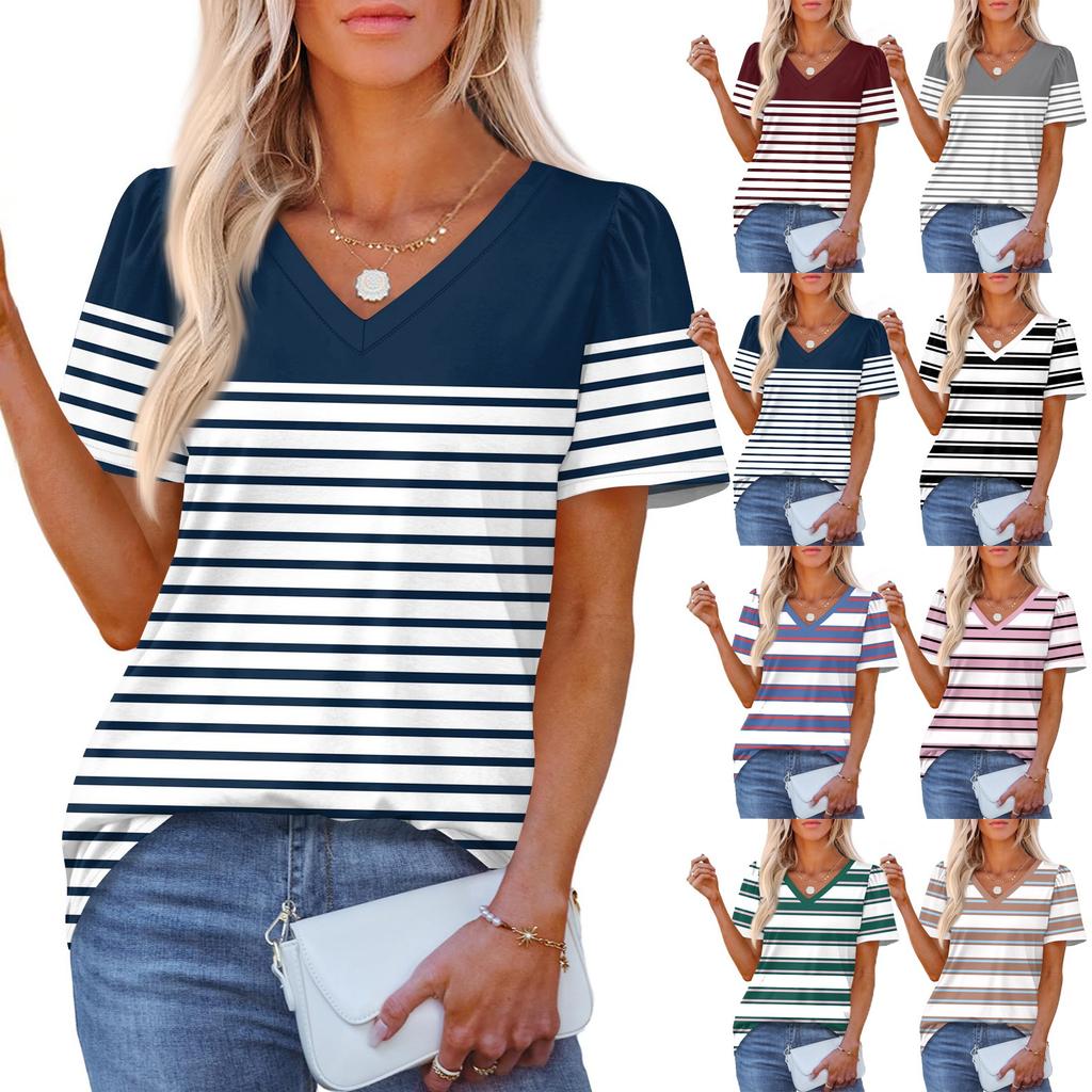 Women's Fashionable Casual Short Sleeve Print V-Neck Pullover Top