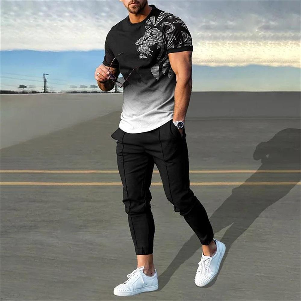 

Summer Men s Trousers Tracksuit Set Sportwear 3d Print Stripe Short Sleeve T Shirt+long Pants 2 Piece Set Men Tracksuit Clothes S