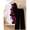 Flower Print Two Piece Outfit Women Long Sleeve Irregular Hem Tunic Top Wide Leg Pants Casual Matching Set