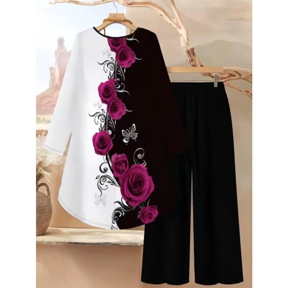 Flower Print Two Piece Outfit Women Long Sleeve Irregular Hem Tunic Top Wide Leg Pants Casual Matching Set