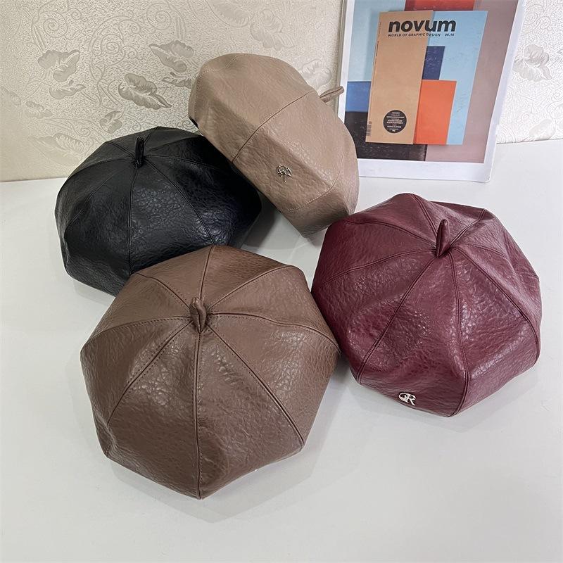 

Autumn and winter lychee leather small standard beret women s versatile retro pumpkin hat fashionable solid color show face M（56-58cm） фіолетовий