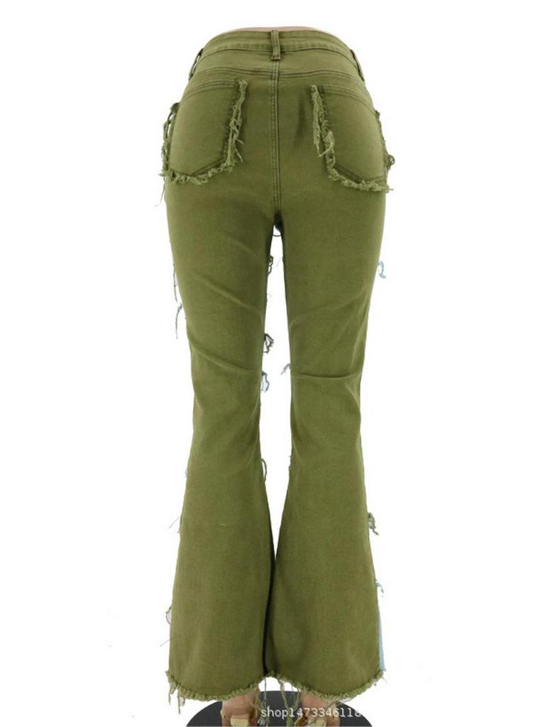 2025 Autumn Color Block Patchwork High Waist Flared Women's Denim Pants