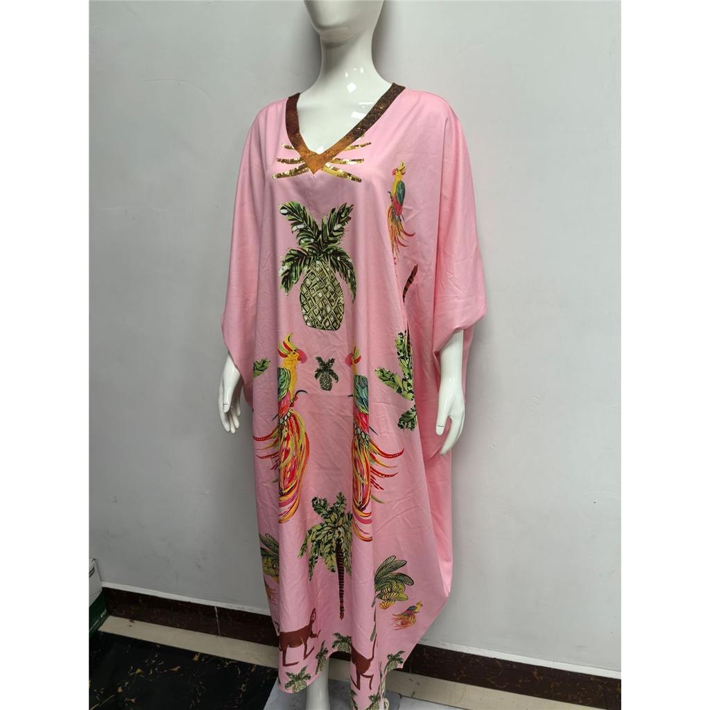 Women's Bat Sleeve V-neck Print Loose Long Classic Retro Dress Clothes Sale