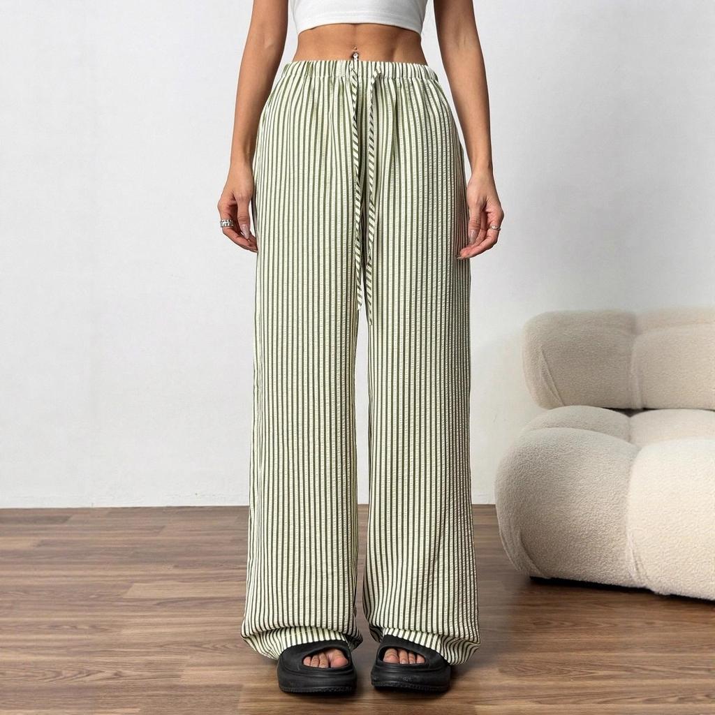Autumn Cross Border Women's Fashion Loose Striped Drawstring Elastic Waist and Floor Pants from Europe and America