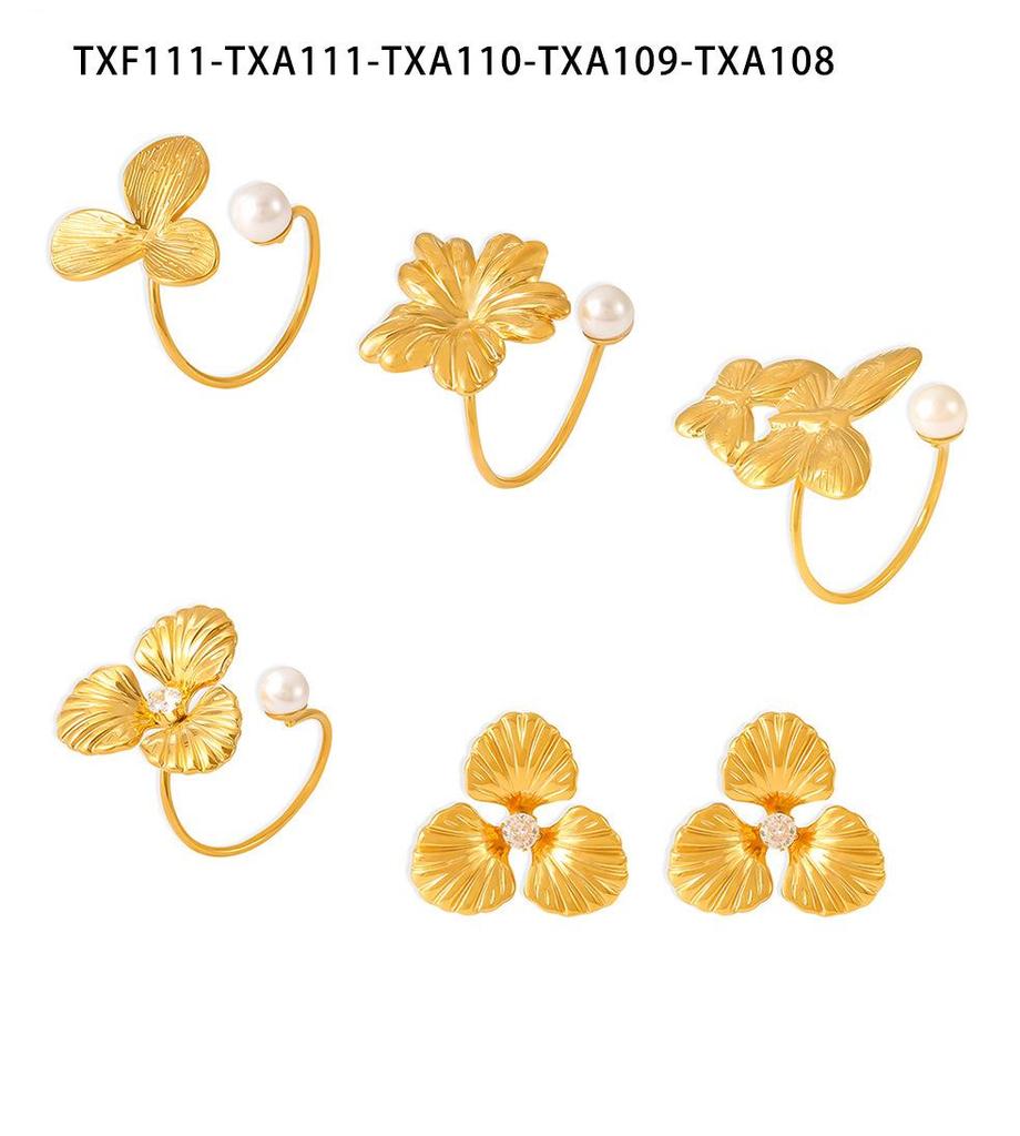 European & American Luxurious Titanium Steel Imitation Pearl Flower Ring – 18K Gold, Colorfast, Open & Adjustable – Fashionable Earrings Included
