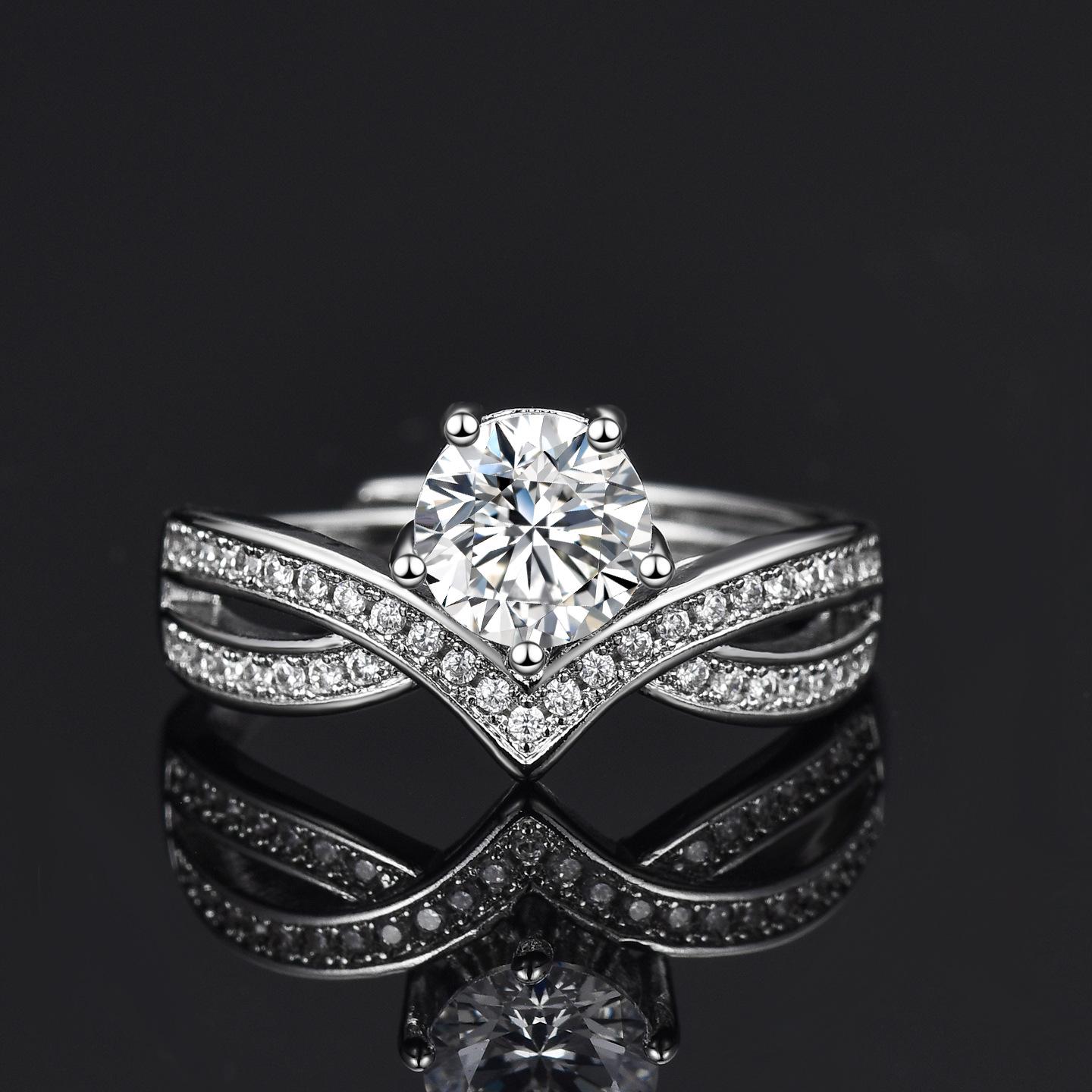 

Sterling Silver Cross V-Shape Ring with 1 Carat Eight Hearts and Arrows Diamonds, Double Row Design, Adjustable Women s Proposal Ring.