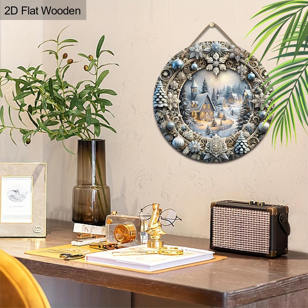 Cute Winter Wonderland Wooden Sign - Navidad Round Sign with Snowhouse Town Pattern - Ideal for Front Door, Wall Hanging Decor - Ideal Christmas Gift