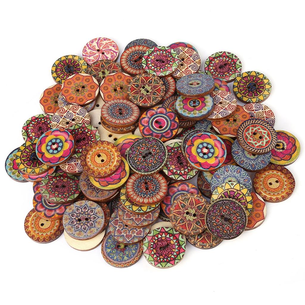100 Pcs Mixed Pattern Vintage Wood Buttons with 2 Holes for DIY Sewing Craft Decorative 25mm