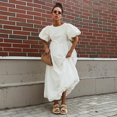 Women's 100% Cotton Crew Neck Puff Sleeve Dress, Solid Color Loose Casual Dress for  Spring Summer, European American Style