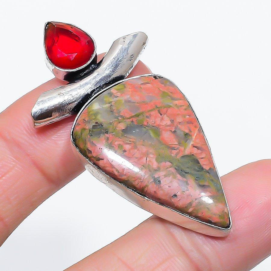 Natural Unakite, Garnet Gemstone 925 Sterling Silver Jewelry Pendant 2.17" P3w11