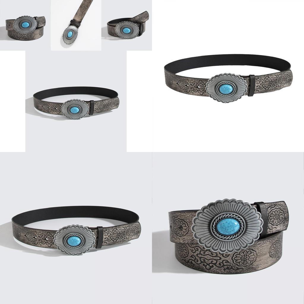 Retro Faux Leather Belt With Dark Embossed Flower Pattern For Girls And Women