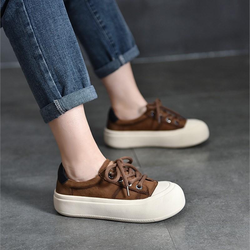 Johnature Genuine Leather Casual Women's Shoes Versatile Lace Up Round Toe Thick Soled Flat Shoes