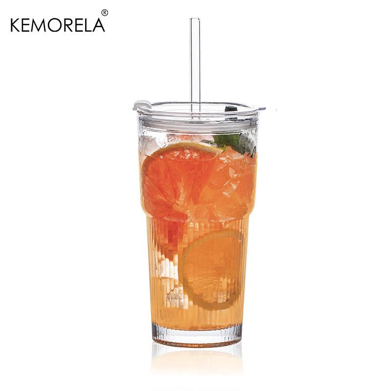 

600ML Ribbed Glass Tumblers with Lids and Straws 1/2PCS Drinking Glasses for Iced Coffee Cups Milk Juice Cold Beverages 600ml