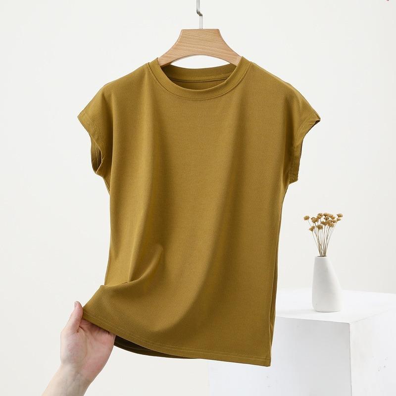 

Women s Spring and Summer New Round Neck Threaded Short-sleeved T-shirt Thin Models Yangqi Thin Versatile Big Yards Bottoming Shirt Tops XL темно-желтого