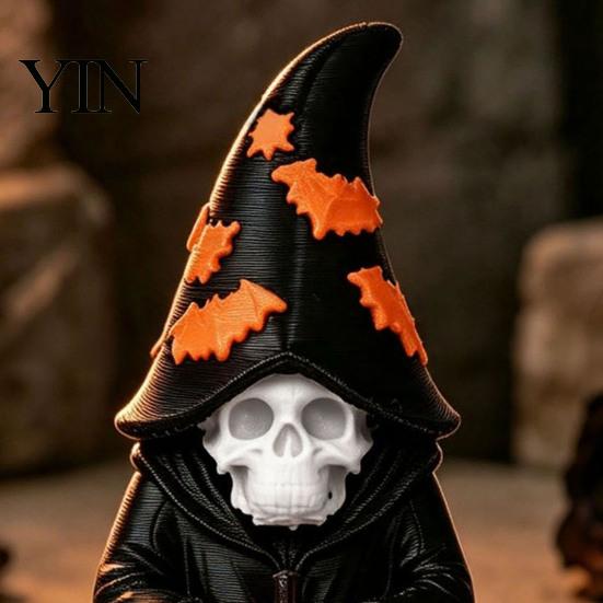 Atmospheric Entrance Decorations Halloween Skeleton Wizard Figurine, 3D Printed Gothic Statue with Mysterious Bookshelf Ornaments Pumpkin& Bat