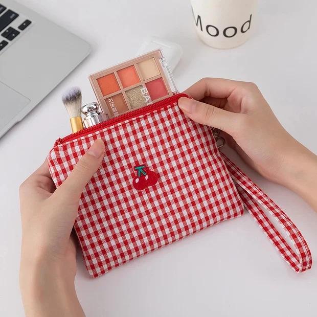 New Arrival: Embroidered Cherry Makeup Bag - Cute, Portable, Large Capacity, Red Plaid