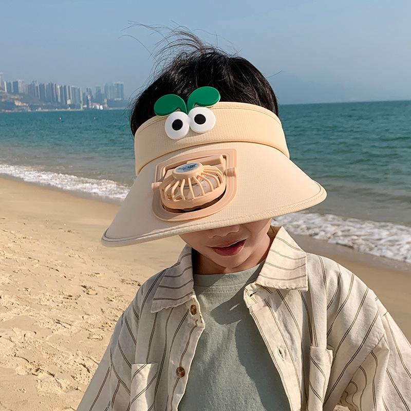 Children's hats summer boys and girls outdoor big brim sun protection empty top hat cartoon cute sun hat with fan