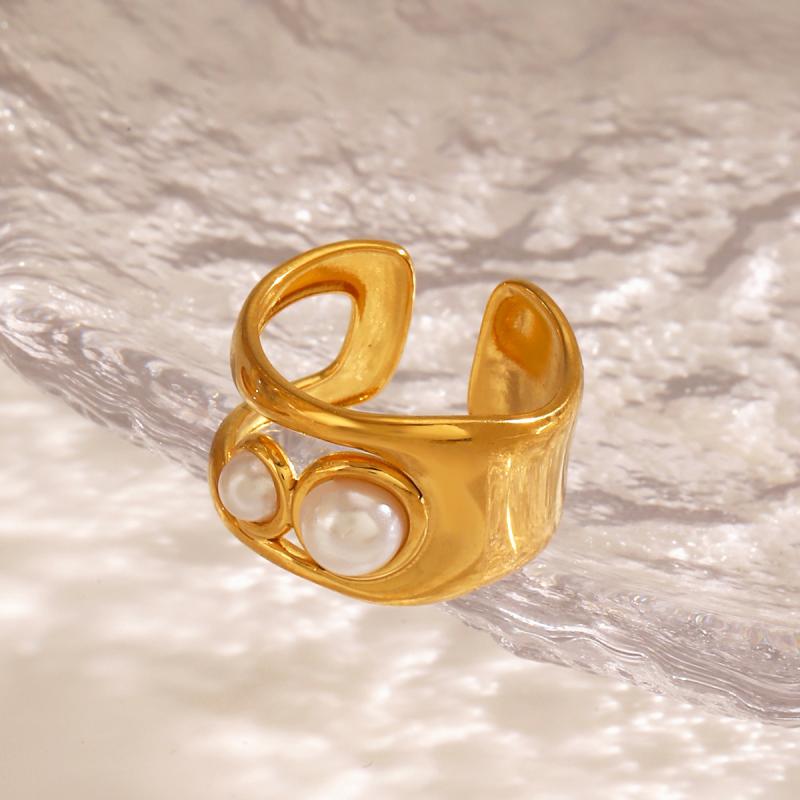 Vintage Stainless Steel Wide Thick Rings for Women Men Classic Imitation Pearl Hollow Opening Rings Charm Banquet Jewelry Gifts