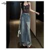 Korean Fashion Women Stylish Long Jeans High Waist Diamonds Washed Cotton Straight Jeans Feminine Modern Ladies' Denim Pants With Pockets