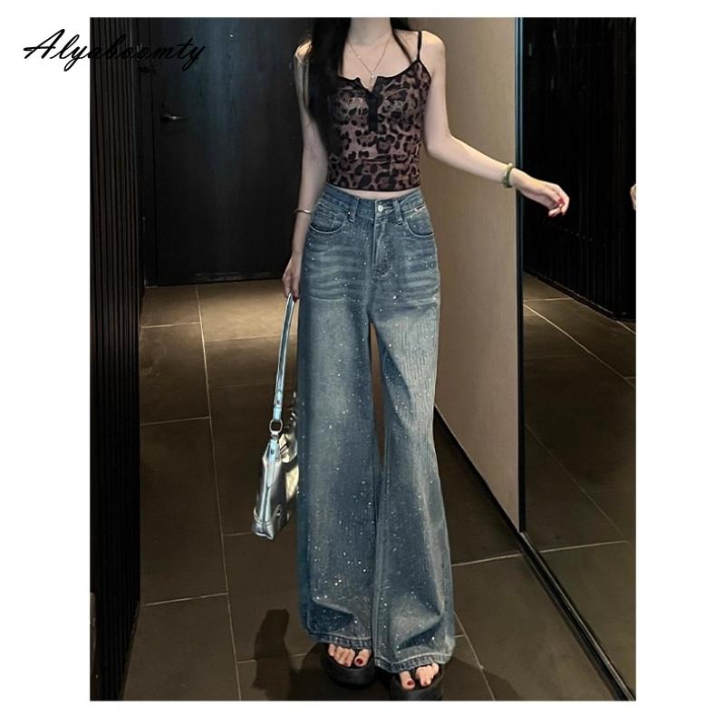 Korean Fashion Women Stylish Long Jeans High Waist Diamonds Washed Cotton Straight Jeans Feminine Modern Ladies' Denim Pants With Pockets