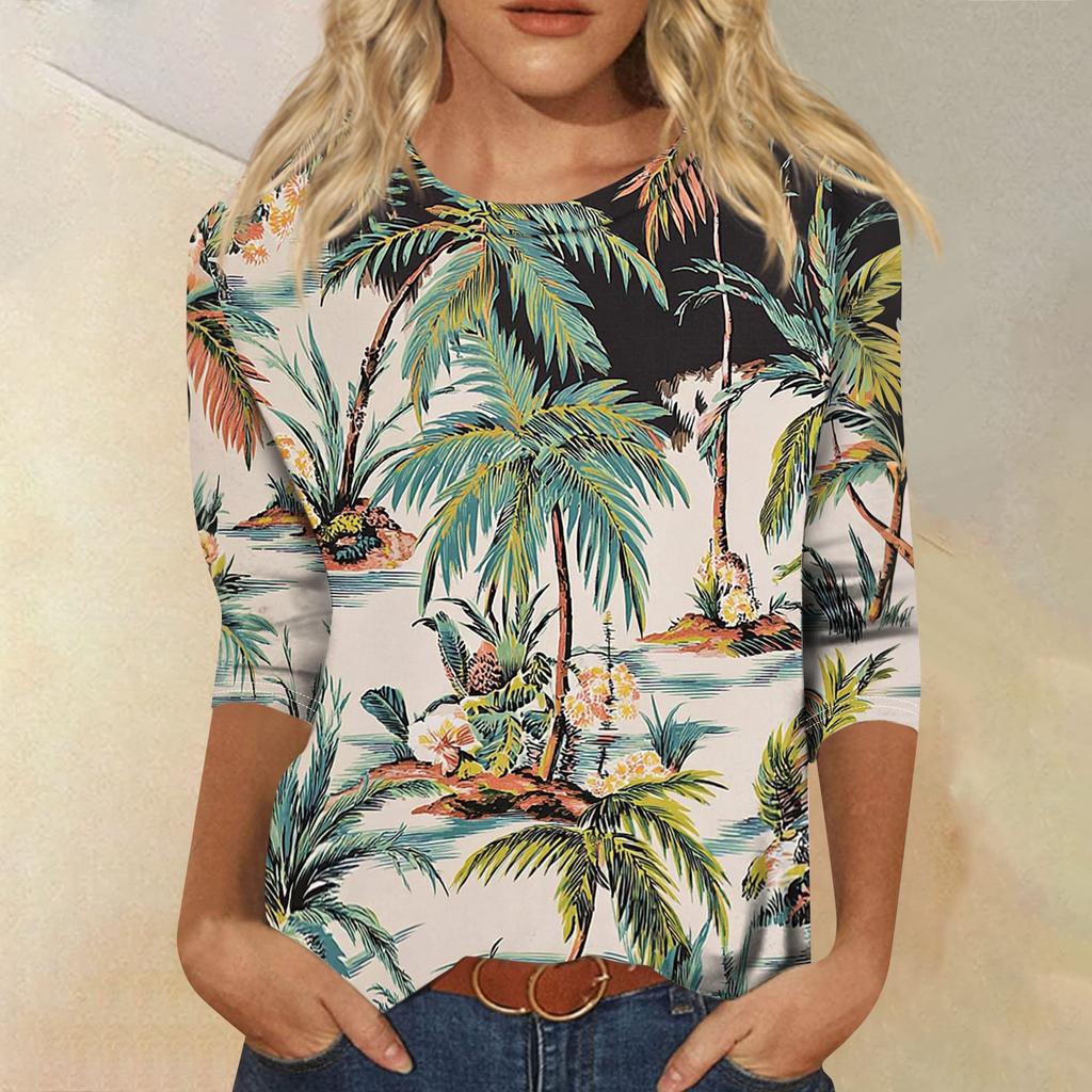 Women's Fashionable Casual Round Neck Three-Quarter Sleeve Printed T-Shirt Top